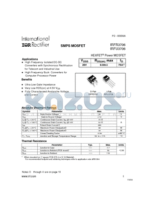 IRFU3706 datasheet - Power MOSFET(Vdss=20V, Rds(on)max=9.0mohm, Id=75A)