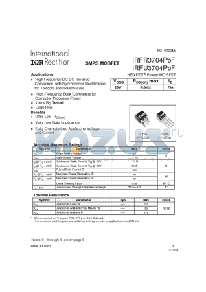 IRFU3704PBF datasheet - HEXFET Power MOSFET