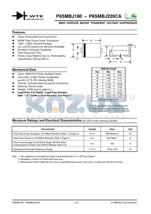 P6SMBJ180-T3 datasheet - 600W SURFACE MOUNT TRANSIENT VOLTAGE SUPPRESSOR