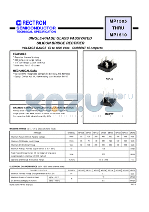 MP1510 datasheet - SINGLE-PHASE GLASS PASSIVATED SILICON BRIDGE RECTIFIER (VOLTAGE RANGE 50 to 1000 Volts CURRENT 15 Amperes)