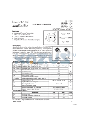 IRFU4104 datasheet - Power MOSFET(Vdss=40V, Rds(on)=5.5mohm, Id=42A)