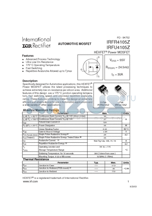 IRFU4105Z datasheet - Power MOSFET(Vds=55V, Rds(on)=24.5mohm, Id=30A)