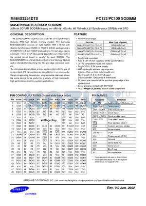 M464S3254DTS-L7A/C7A datasheet - 32Mx64 SDRAM SODIMM based on 16Mx16, 4Banks, 8K Refresh,3.3V Synchronous DRAMs with SPD