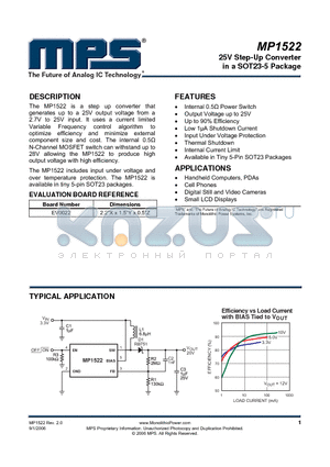 MP1522ET datasheet - 25V Step-Up Converter in a SOT23-5 Package