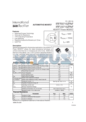 IRFU3710ZPBF datasheet - AUTOMOTIVE MOSFET