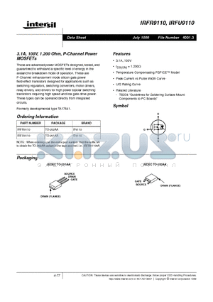 IRFU9110 datasheet - 3.1A, 100V, 1.200 Ohm, P-Channel Power MOSFETs
