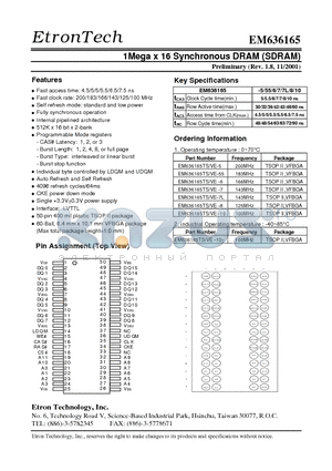 EM636165TS-5 datasheet - 1Mega x 16 Synchronous DRAM (SDRAM)