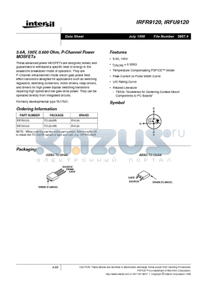 IRFU9120 datasheet - 5.6A, 100V, 0.600 Ohm, P-Channel Power MOSFETs