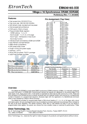 EM636165TS-7I/7IG datasheet - 1Mega x 16 Synchronous DRAM (SDRAM)