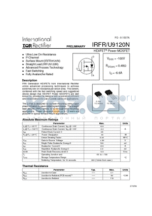 IRFU9120N datasheet - Power MOSFET(Vdss=-100V, Rds(on)=0.48ohm, Id=-6.6A)