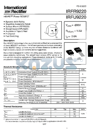 IRFU9220 datasheet - Power MOSFET(Vdss=-200V, Rds(on)=1.5ohm, Id=-3.6A)