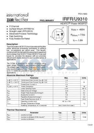 IRFU9310 datasheet - Power MOSFET(Vdss=-400V, Rds(on)=7.0ohm, Id=-1.8A)