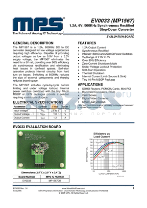 MP1567 datasheet - 1.2A, 6V, 800KHz Synchronous Rectified Step-Down Converter