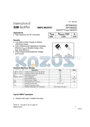 IRFU9N20D datasheet - Power MOSFET(Vdss=200V, Rds(on)max=0.38ohm, Id=9.4A)