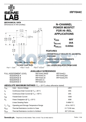 IRFY044C datasheet - N-CHANNEL POWER MOSFET FOR HI.REL APPLICATIONS