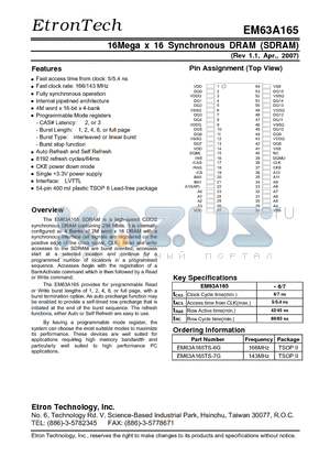 EM63A165TS-7G datasheet - 16Mega x 16 Synchronous DRAM (SDRAM)