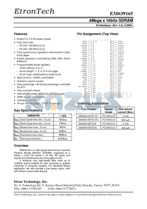 EM639165TS-75L datasheet - 8Mega x 16bits SDRAM