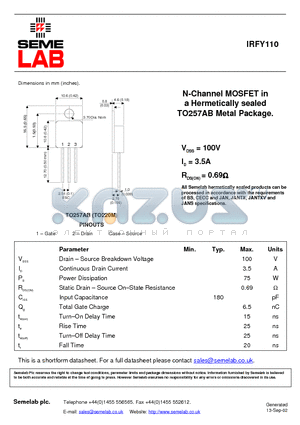 IRFY110 datasheet - N-Channel MOSFET in a Hermetically sealed