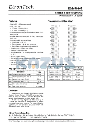 EM639165TS-8 datasheet - 8Mega x 16bits SDRAM