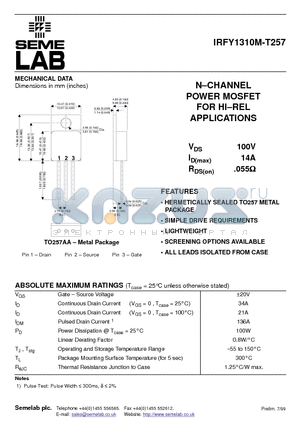 IRFY1310M-T257 datasheet - N-CHANNEL POWER MOSFET FOR HI-REL APPLICATIONS