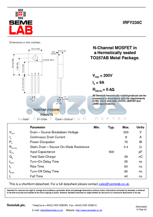 IRFY230C datasheet - N-Channel MOSFET in a Hermetically sealed