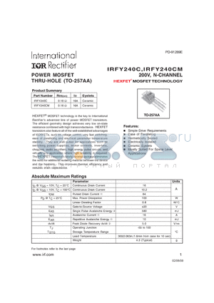 IRFY240C datasheet - POWER MOSFET THRU-HOLE (TO-257AA