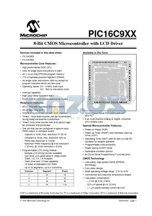 PIC16LC923T-04/L datasheet - 8-Bit CMOS Microcontroller with LCD Driver