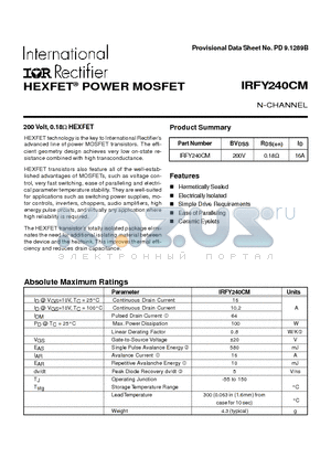 IRFY240CM datasheet - POWER MOSFET N-CHANNEL(BVdss=200V, Rds(on)=0.18ohm, Id=16A)