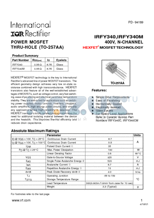 IRFY340M datasheet - POWER MOSFET THRU-HOLE (TO-257AA)