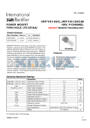 IRFY9130CM datasheet - POWER MOSFET THRU-HOLE (TO-257AA)100V, P-CHANNEL HEXFET^ MOSFET TECHNOLOGY