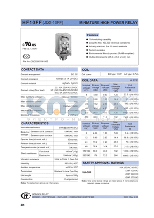 HF10FF/006A-3Z-1TGXXX datasheet - MINIATURE HIGH POWER RELAY