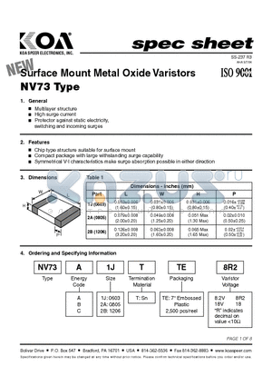 NV73A1JT datasheet - Surface Mount Metal Oxide Varistors