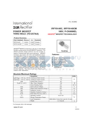 IRFY9140C datasheet - POWER MOSFET THRU-HOLE (TO-257AA)