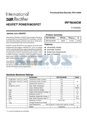 IRFY9240 datasheet - POWER MOSFET P-CHANNEL(BVdss=-200V, Rds(on)=0.51ohm, Id=-9.4A)