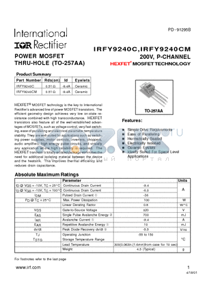 IRFY9240C datasheet - POWER MOSFET THRU-HOLE (TO-257AA