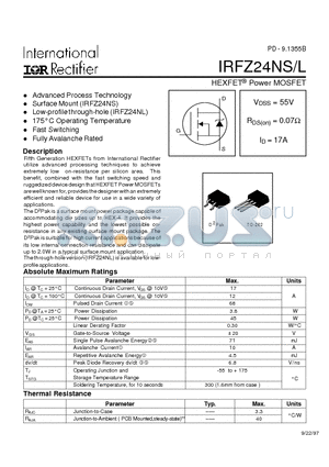 IRFZ24NL datasheet - Power MOSFET(Vdss=55V, Rds(on)=0.07ohm, Id=17A)