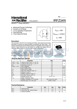 IRFZ34 datasheet - Power MOSFET(Vdss=55V, Rds(on)=0.040ohm, Id=26A)