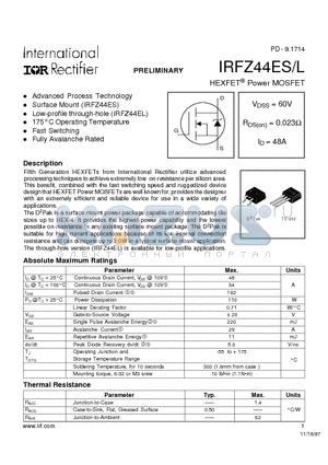 IRFZ44ES datasheet - Power MOSFET(Vdss=60V, Rds(on)=0.023ohm, Id=48A)