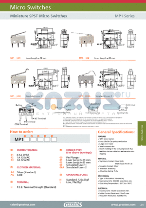 MP1R3AGH00N datasheet - Miniature SPST Micro Switches