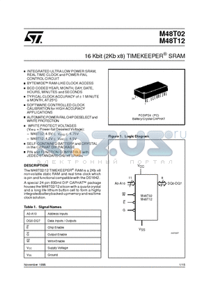 M48T02-150PC1 datasheet - 16 Kbit 2Kb x8 TIMEKEEPER[ SRAM