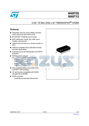 M48T02-150PC1 datasheet - 5.0V, 16 Kbit (2Kb x 8) TIMEKEEPER SRAM