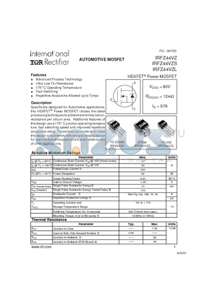 IRFZ44VZL datasheet - Power MOSFET(Vdss=60V, Rds(on)=12mohm, Id=57A)