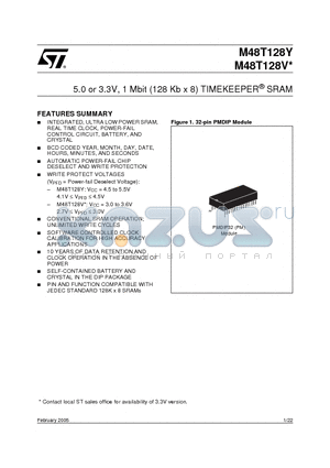 M48T128YPM datasheet - 3.3V-5V 1 Mbit 128Kb x8 TIMEKEEPER SRAM