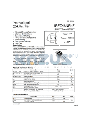 IRFZ46N datasheet - HEXFET^ Power MOSFET(VDSS = 55V,RDS(on) = 16.5mY,ID = 53A)