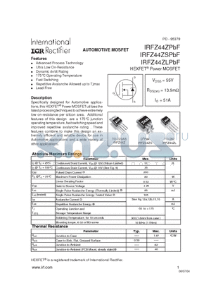 IRFZ44ZPBF datasheet - HEXFET^ Power MOSFET ( VDSS = 55V , RDS(on) = 13.9mY , ID = 51A )