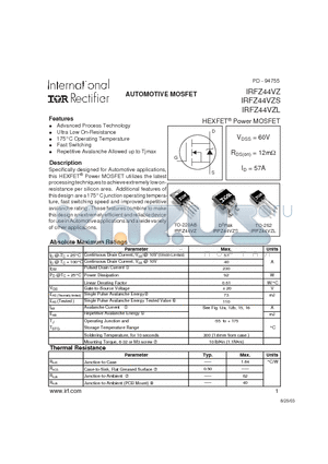 IRFZ44VZS datasheet - Power MOSFET(Vdss=60V, Rds(on)=12mohm, Id=57A)