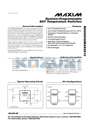 MAX6509HAUK-T datasheet - Resistor-Programmable SOT Temperature Switches