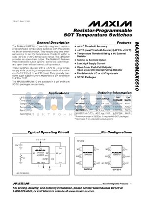 MAX6509HAUK-T datasheet - Resistor-Programmable SOT Temperature Switches