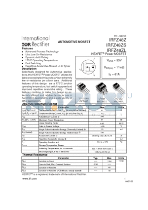 IRFZ48ZS datasheet - AUTOMOTIVE MOSFET