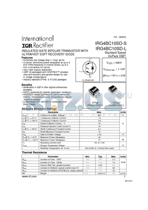 IRG4BC10SD-L datasheet - INSULATED GATE BIPOLAR TRANSISTOR WITH ULTRAFAST SOFT RECOVERY DIODE